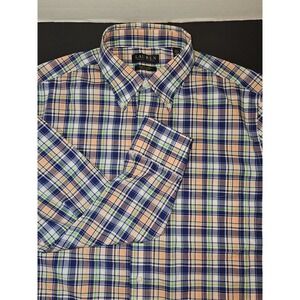 Ralph Lauren Shirt Med Plaid Blue Green Orange Stretch Button Up Long Sleeve Men